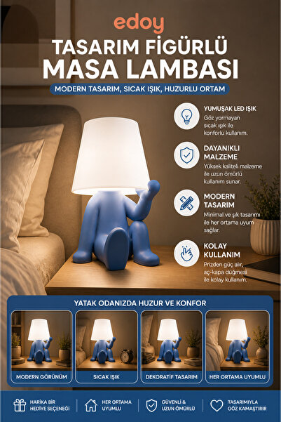 edoy Tasarım Figürlü Oturan Masa Lambası LED Gece Lambası Dekoratif Modern Ay...