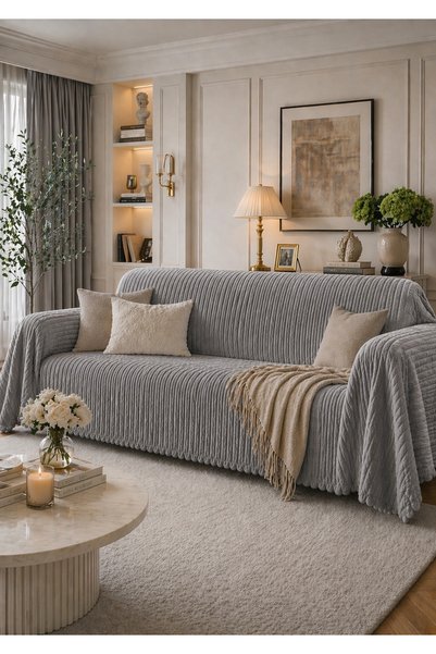 HİG HOME غطاء أريكة مخطط فاخر بلون أبيض فاتح - تصميم عصري وأنيق ومضاد للانزلاق
