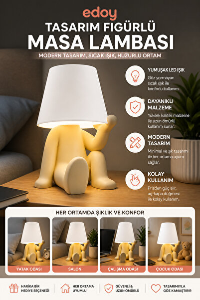 edoy Tasarım Figürlü Oturan Masa Lambası LED Gece Lambası Dekoratif Modern Ay...