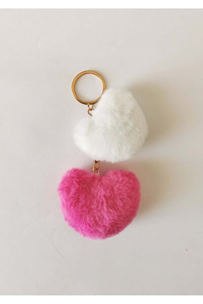 Halley Concept Double Plush Heart Charm Keychain Pink White – Bag Ornament Cu...