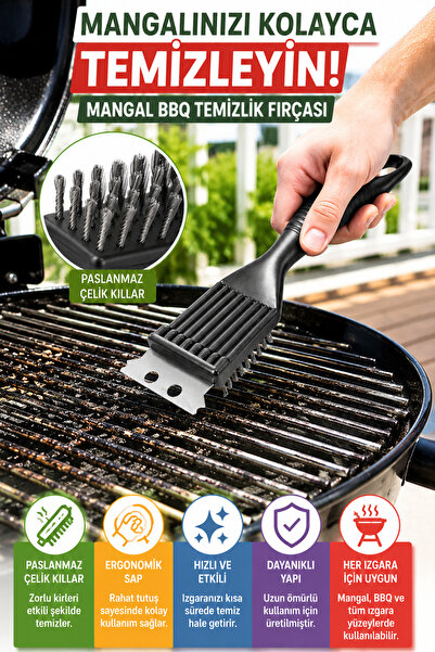 TOYFEST Mangal BBQ Temizlik Fırçası Paslanmaz Çelik Kıllı Izgara Temizleme Fı...