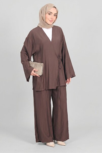 Norshen Brown Women's Tie-Up Kimono & Wide-Leg Pants - Set