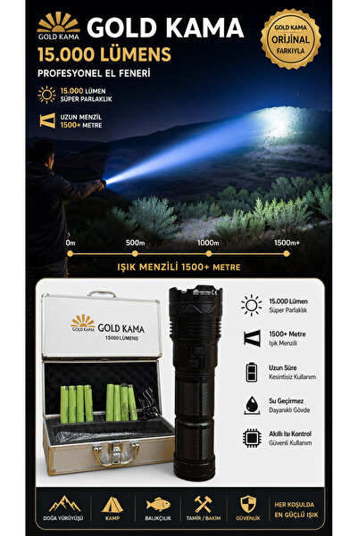 OMKA Gold Kama Profesyonel LED El Feneri 15000 Lümen Zoomlu