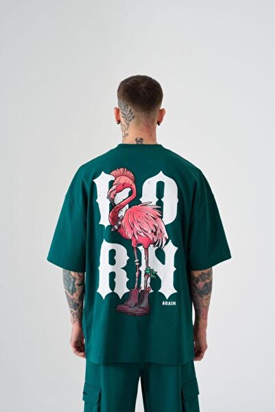 Machinist Tricou oversize pentru bărbați cu imprimeu Crazy Flamingo, verde ulei
