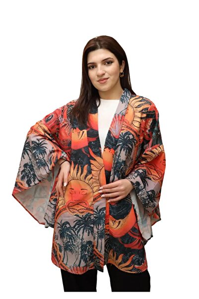modahira Moda Hira Kadın Şifon Desenli Döküm Kol Detaylı Kimono