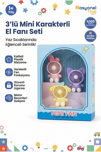 NASYONEL TOYS Sevimli Karakter Tasarımlı 3'lü Mini El Fanı Seti - Taşınabilir...