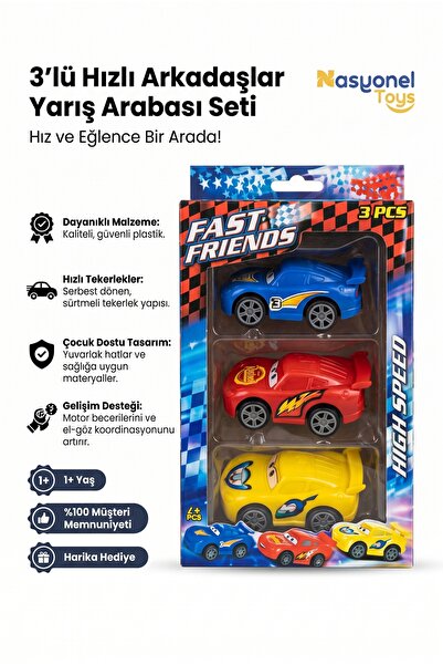 NASYONEL TOYS 3'lü Hızlı Arkadaşlar Yarış Arabası Seti Çocuk Oyuncak Araba Pa...
