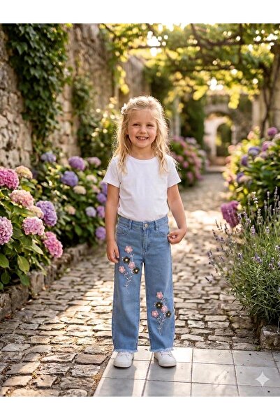 ÇALIŞKAN MODA بنطلون جينز بناتي واسع الساق مطرز بزهور [6-12 سنة]