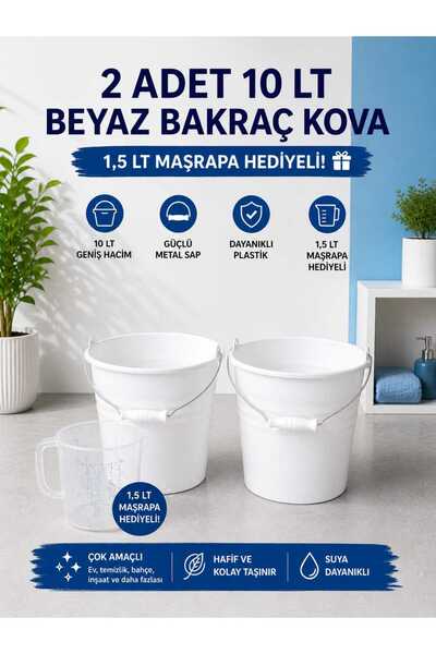 biedda 2 Adet 10 LT Beyaz Bakraç Kova Metal Saplı Plastik Kova 1,5 LT Maşrapa...