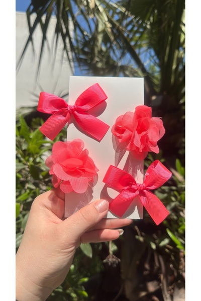Toka Perisi Kız Bebek Çocuk Neon Pembe Flora Fiyonk 4’lü Toka Seti