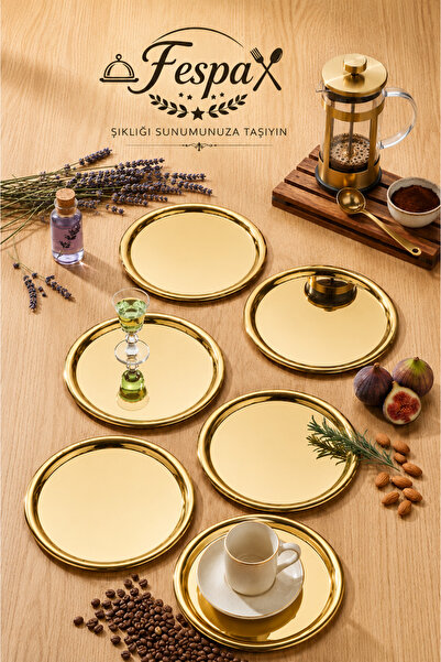 Fespa Gold 6’lı Yuvarlak Sunum Tepsisi 21 CM Lüks Kahve Sunum Seti