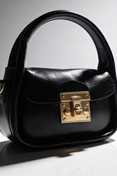 ents Luna Gold Lock Detailed Black Mini Hand and Shoulder Bag