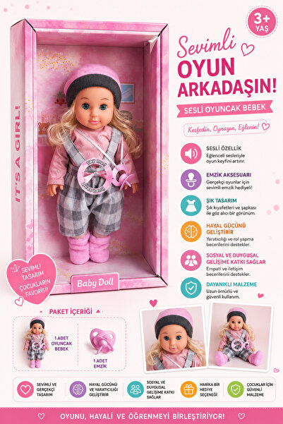 Sıraç İthalat Kız Çocuk Oyuncak Bebek – Şapkalı Sesli Bebek + Emzik Aksesuar | Gerçekçi Bebek Oyuncağı