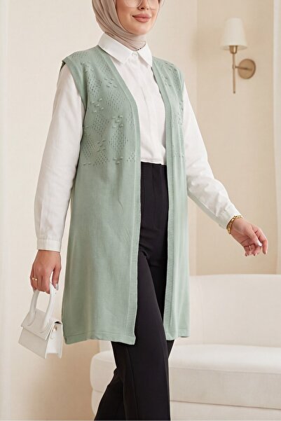Modamorfo Pompom Detailed Openwork Knitwear Vest -Mint