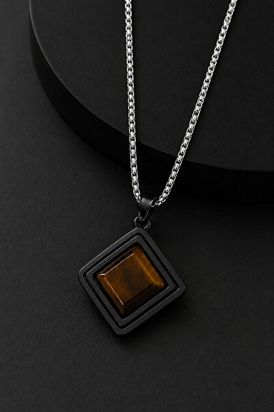 laria jewelry Square Stone Tiger's Eye Medallion Necklace