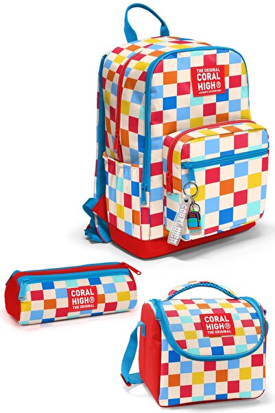 Coral High Multi-Colored Checkerboard Patterned 3-Piece School Bag Set Set013...