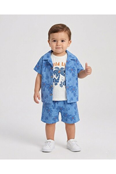 VOY KİDS Baby Boy Palm Tree Printed Muslin Shirt and Shorts Summer Muslin Set...