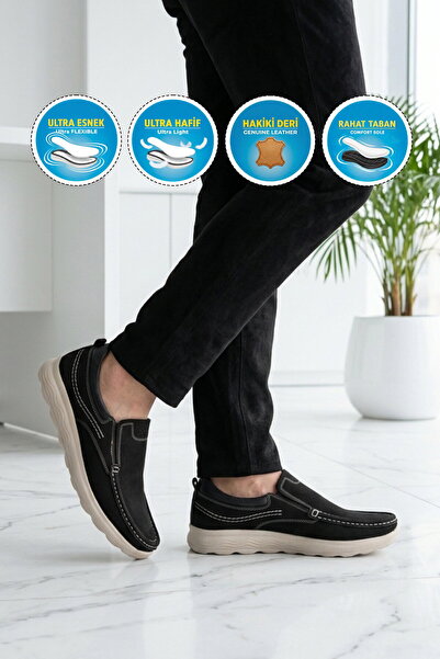 AYAKMOD حذاء كاجوال رجالي من الجلد الطبيعي باللون الأسود من Nubuck 2406 M