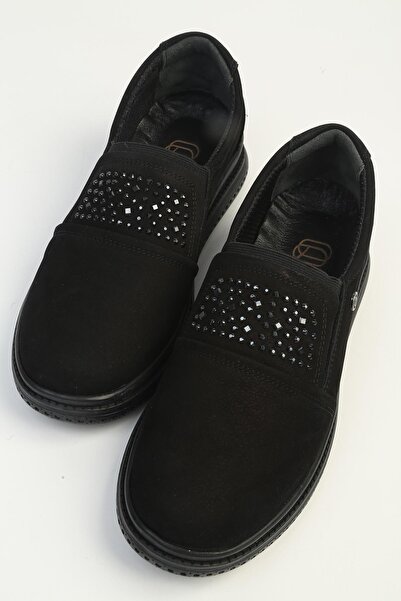 QUİEN Women's Black Nubuck Loafer Shoes with Stone Detail, Daily Comfortable ...