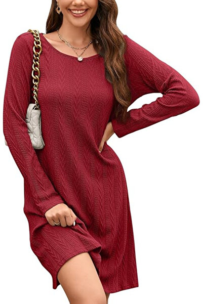OEM Casual red knitted dress for women, long sleeves, S