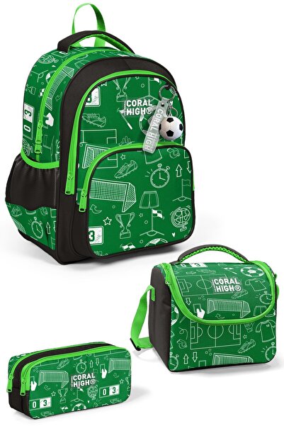 Coral High Set de 3 genți de școală cu model de fotbal verde pentru copii SET...