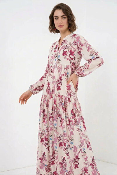 buğrahayalin Women's Shirt Collar, Gathered Waist, Floral Patterned Viscose R...