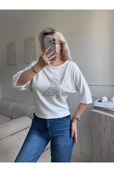 Zora Butik Yıldız Detay Kayık Yaka Bluz - BEYAZ
