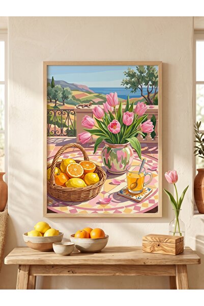 DEKORASOR Akdeniz Manzaralı Ahşap Tablo Limon Sepeti ve Pembe Laleler İllüstr...