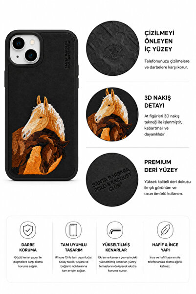 3GEN CASE İphone 15 Uyumlu Santa Barbara Racquet Clup Lisanslı 3D Nakış İşlemeli İçi Kadife Deri Kılıf