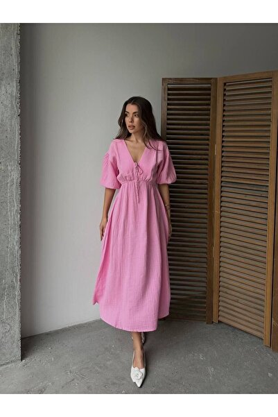 MareandCo V Yaka Belden Lastik Detaylı Kisa Kol Muslin Midi Elbise