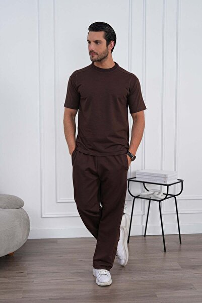 brz braazi Men's Summer Brown Tracksuit Set Oversize T-Shirt Elastic Lace-Up ...