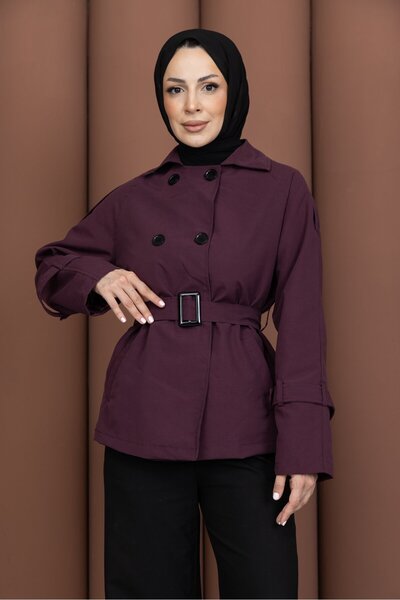 PAVENTİ Trench scurt, elegant, cu centură, culoare prună