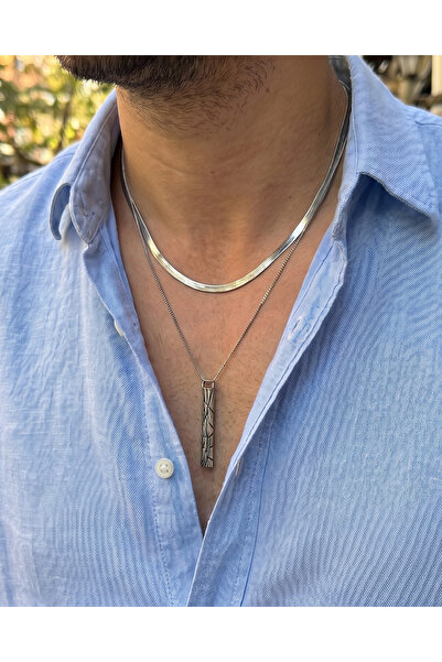 Gleemy accesories طقم قلادة رجالية إيطالية الطراز بلون فضي مع سلسلة ونهاية أس...