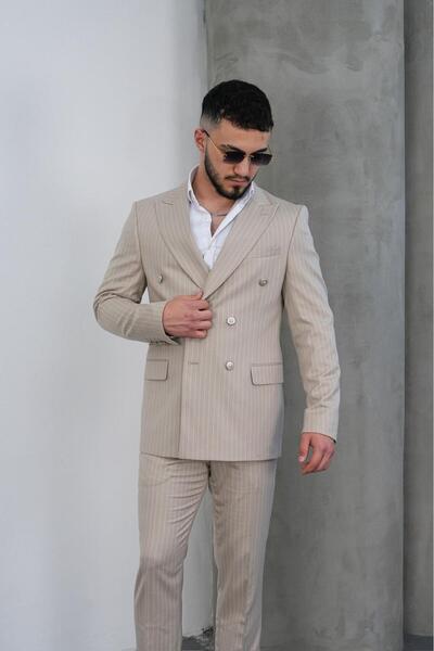 Dupont Slim Fit Erkek Sivri Yaka Çizgili Kruvaze Takım Elbise