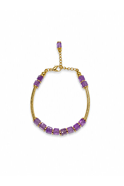 Agatella Tasarım Natural Amethyst Stone Gold Detailed Women's Bracelet with C...