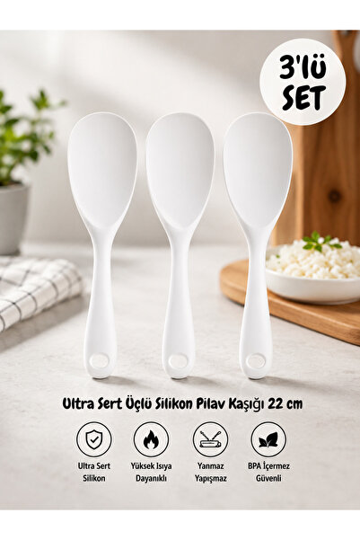 BRE HOME ’lü Beyaz Silikon Pilav Kaşığı Seti 22 cm | Ultra Sert Yapı | Yapışm...