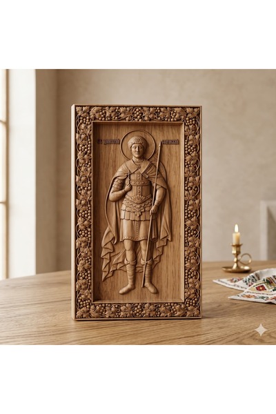 OEM Icoană sculptată în lemn masiv de stejar – Sfântul Dimitrie izvorâtorul d...