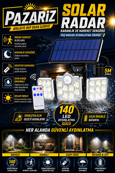 pazariz 140 Led Güneş Enerjili Led Aydınlatma Solar Lamba Kumandalı 5 Metre K...