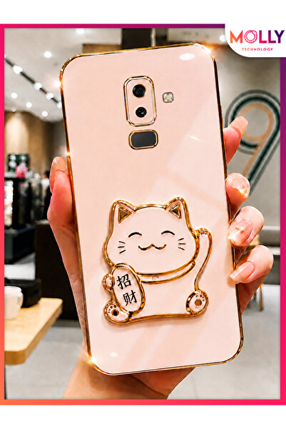 Molly SAMSUNG GALAXY J8 İçin Rose Kenarları Gold Detaylı Şans Kedisi Standlı ...