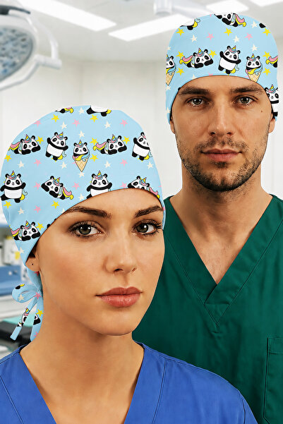 Lion Üniforma Külahta Panda Desenli Unisex Cerrahi Bone Hemşire ve Doktor Bone