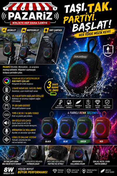 pazariz Wıreless Bluetooth Portable Speaker Bs-296 8w Rgb Kablosuz Hoparlör S...