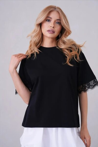 Park Karon Women's 100% Cotton Crew Neck Asymmetrical Cut Back Lace Combed Co...