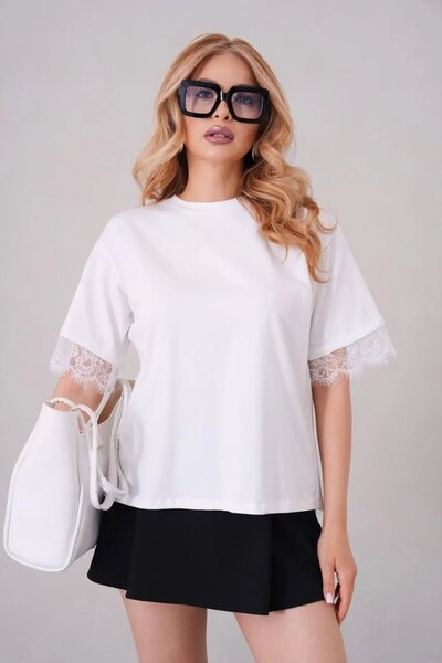 Park Karon Women's 100% Cotton Crew Neck Asymmetrical Cut Back Lace Combed Co...