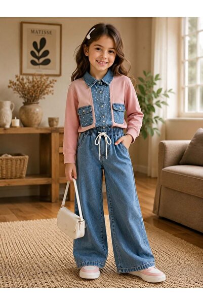 gültekin bebe Trend Rose Taşlı Kot Pantolonlu Kız İkili Takım 14-18 Yaş-40225...