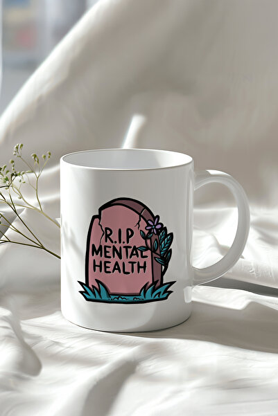 Mio Life كوب سيراميك أبيض سعة 330 مل من RIP Mental Health مكتوب عليه نمط معاص...