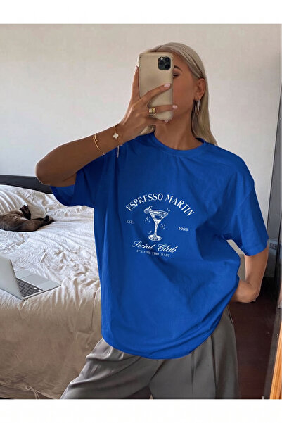 kealvi Kadın SAX MAVİ Espresso Martın baskılı T-shirt- Bisiklet yaka
