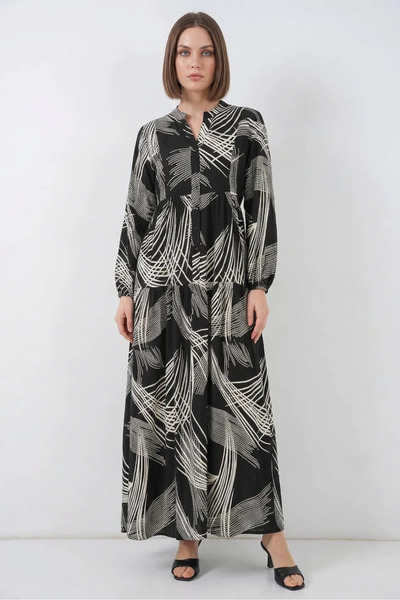 Efnaz style Women's Shirt Collar, Gathered Waist, Patterned Viscose Black Hij...