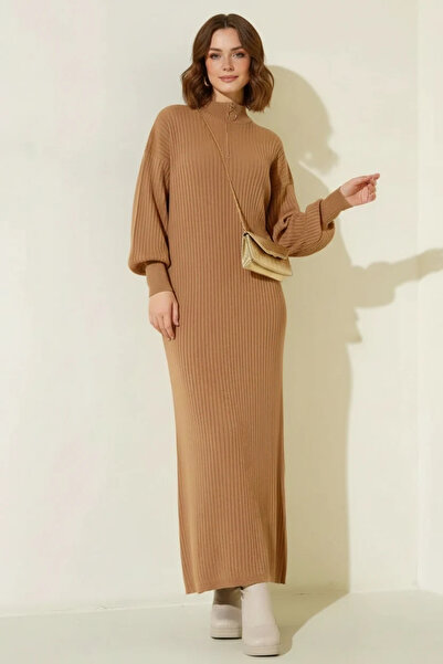Şeker Portakalım Women's Half Turtleneck Balloon Sleeve Knitwear Tan Hijab Dress