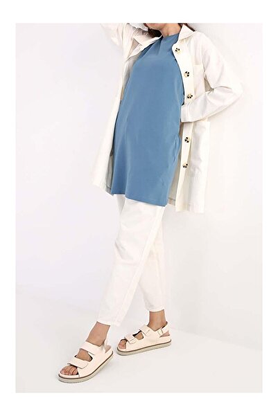 LC Waikiki Nevavm Blue-Cotton Collared Sleeveless Tunic with a Difference