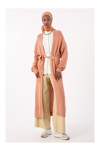 LC Waikiki Nevavm Soft Orange-Twill Belted Long Knit Cardigan
